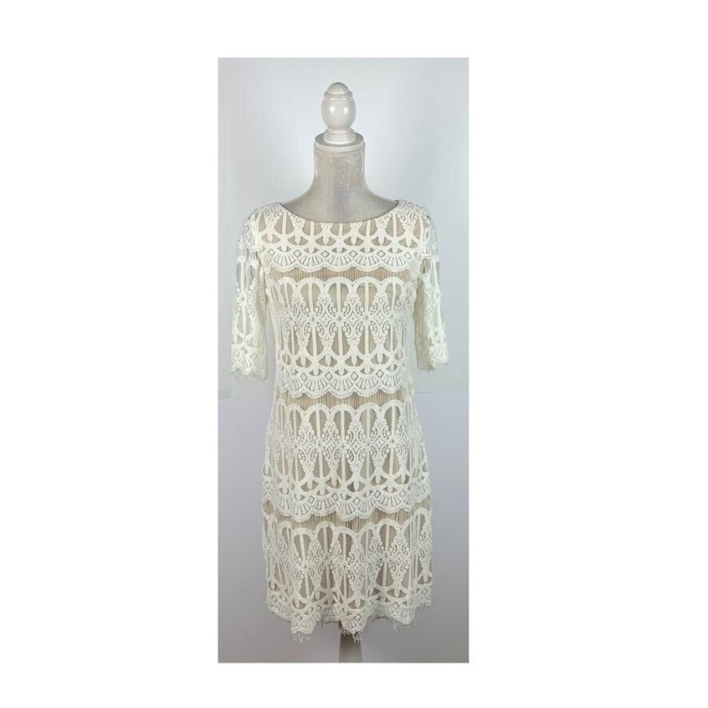 CB Established 1962 White Lace Illusion Sheath Dress Boatneck‎ Art Deco Lined 6